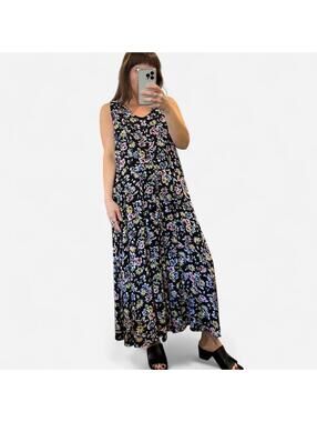 Vintage 90’s Floral Midi Dress Black Rayon Cottagecore